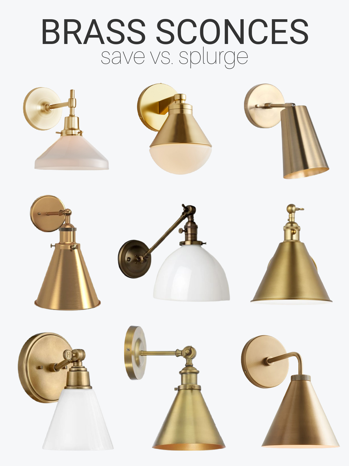 Collection of Single Wall Sconce Lights in Brass and Milk Glass