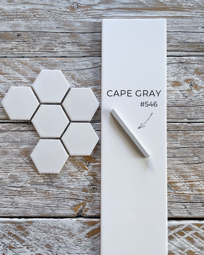 Cape Gray Grout Sample with White Hexagon Tile and Subway Tile