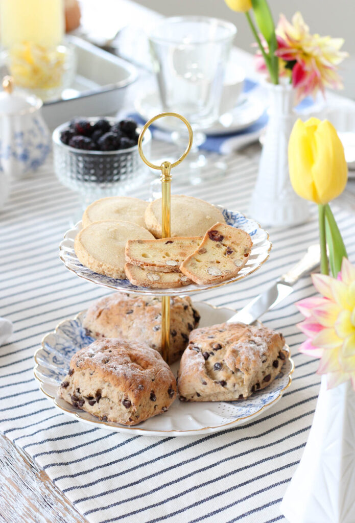 Blue Peony Tiered Cake Stand with Scones and Cookies