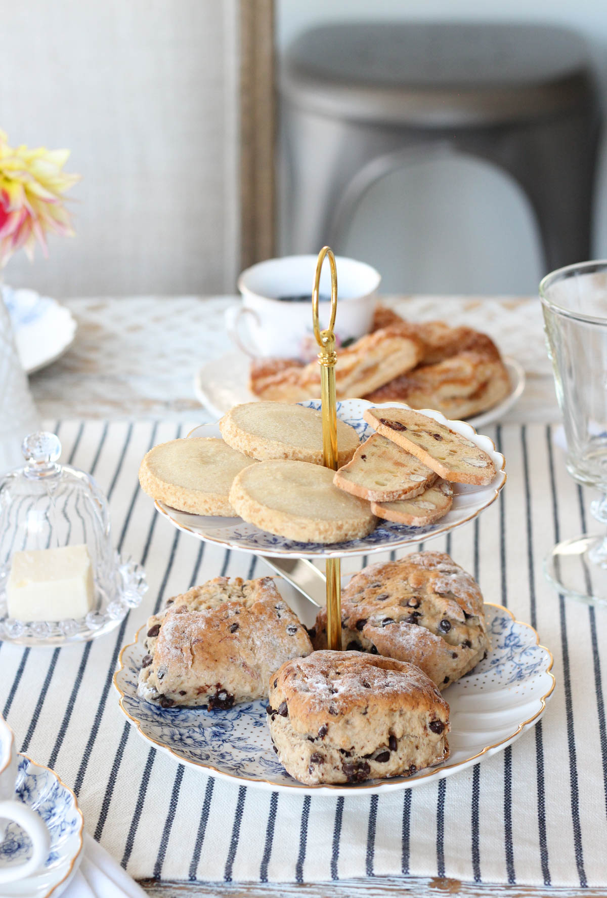 Blue Floral Two-Tiered Cake Stand with Scones and Cookies