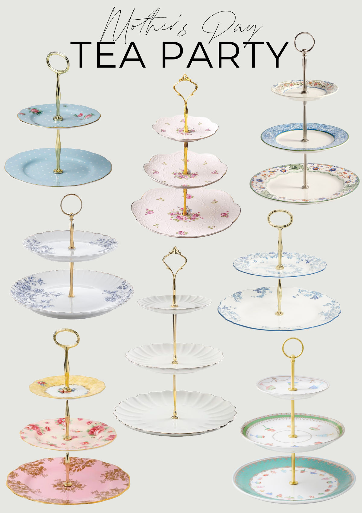 Collection of Tiered Cake Stands for Mother's Day Tea Party