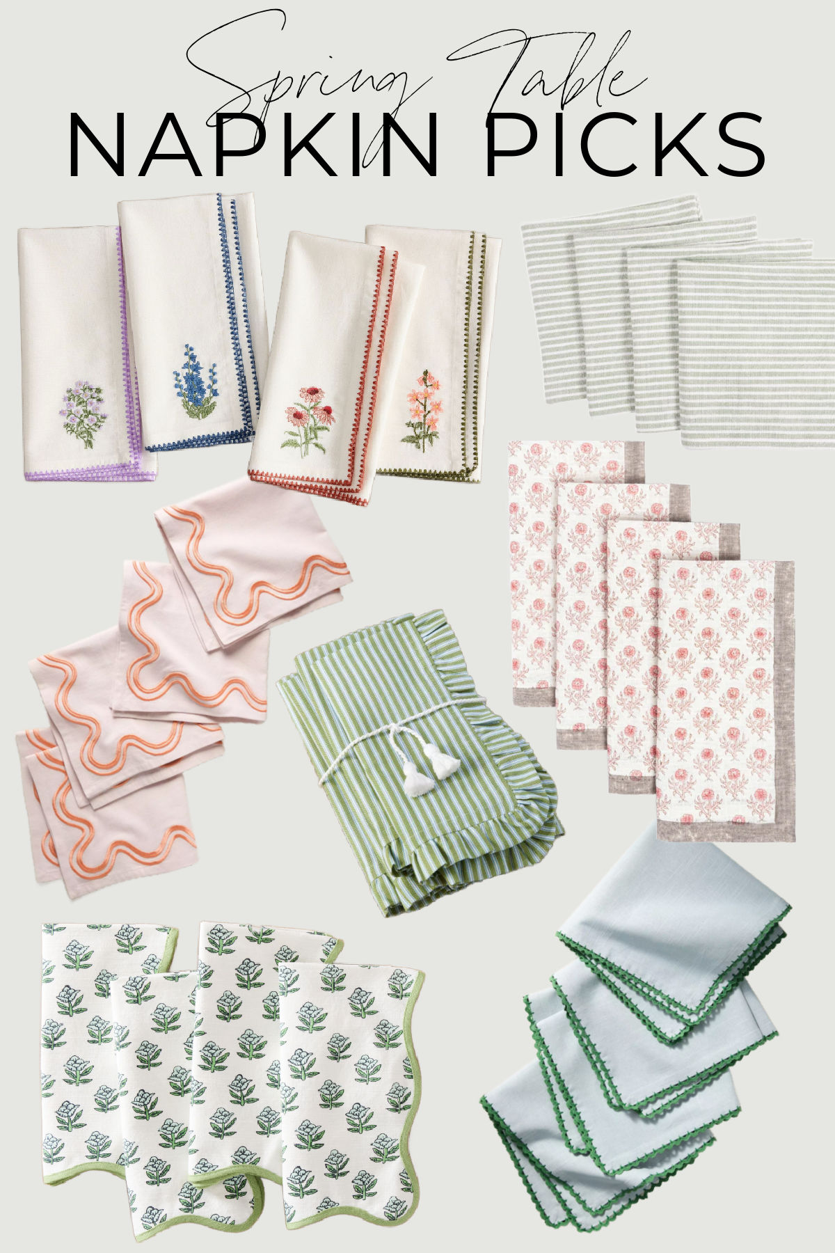 Collection of Patterned Cloth Napkins for Spring Table Setting in Shades of Pink, Green, Blue and White