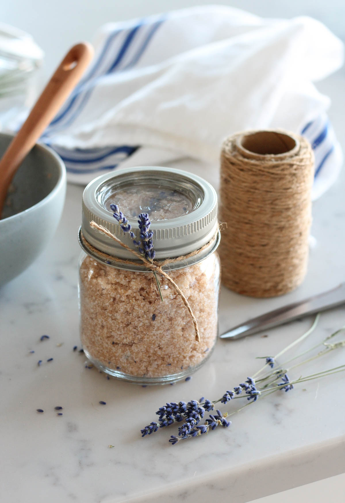 Jar of Homemade Lavender Sugar Scrub with Coconut Oil and Dried Lavender, Ready to Gift