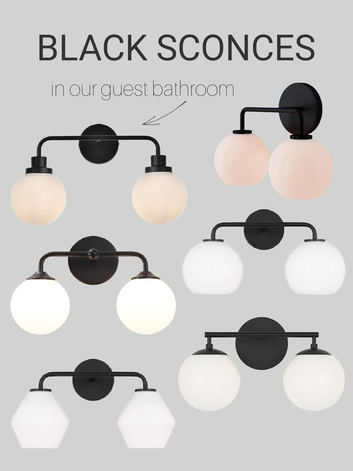 Collection of black double wall sconces with milk glass shades for bathroom lighting