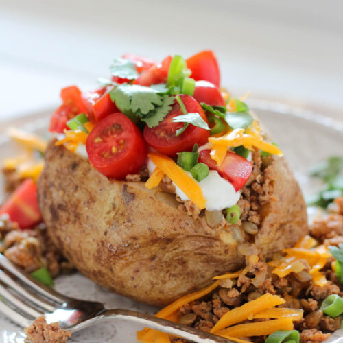 Baked Potato Topped with Tex Mex Ground Turkey, Lentils, Sour Cream, Tomatoes, Cheddar Cheese, Cilantro and More