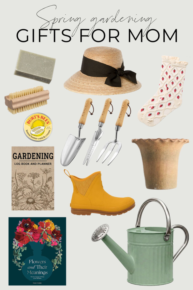 Flat lay of spring gardening gifts for mom including a sun hat, strawberry socks, garden planner, hand tools, watering can, and decorative cachepot in soft seasonal tones