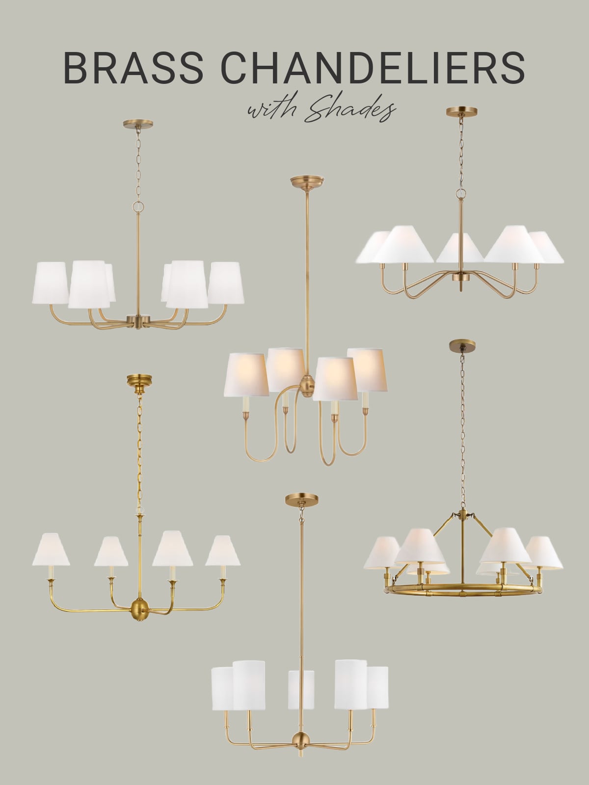 Collection of open-arm brass chandeliers with fabric shades